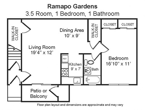 Floor plan for 1 bed, 1 bath